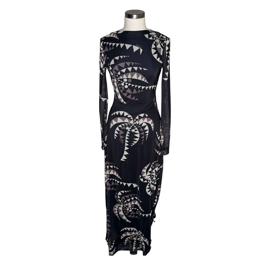 DRESS TO Palm Mesh Maxi Dress Black Coqueiral Print Open Back Women's Size XS